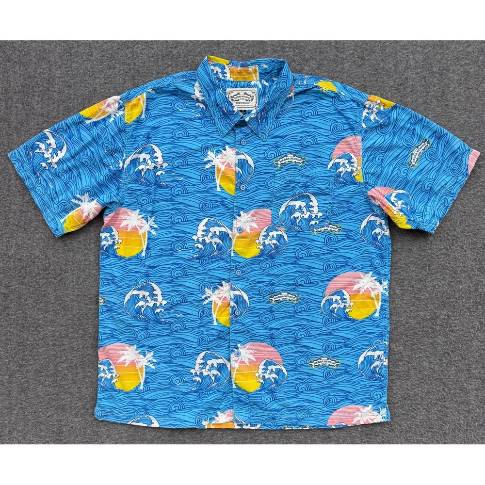 Sierra Nevada Brewing Co. Shirt Mens XL Blue Beer Palm Tree Hawaiian Button‎ Up